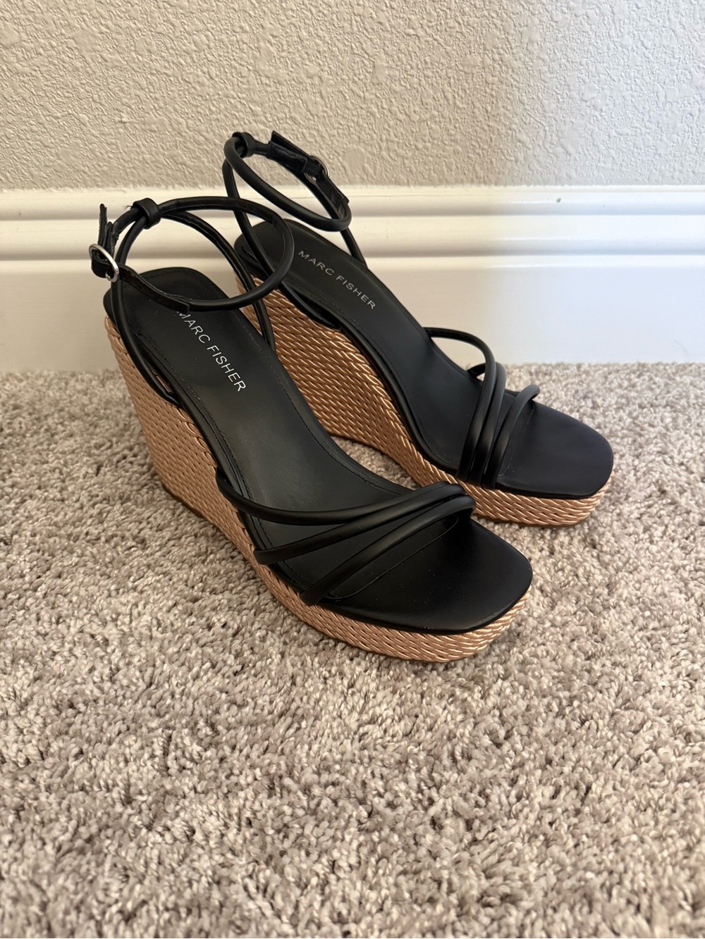 Marc Fisher Black Leather Strappy Wedge Sandals with Woven Tan Platform